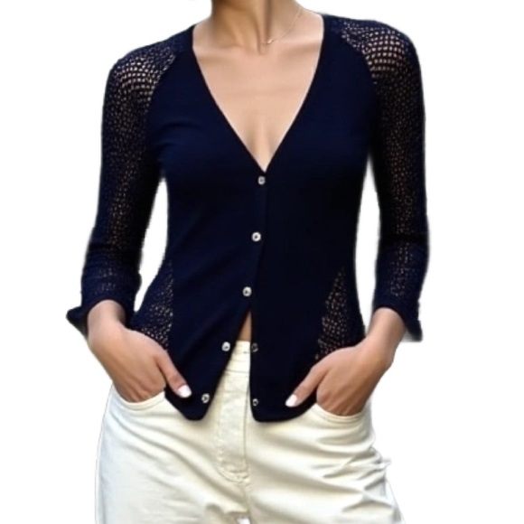 Lucky Brand Navy Crochet Cardigan Size S - Picture 2 of 7